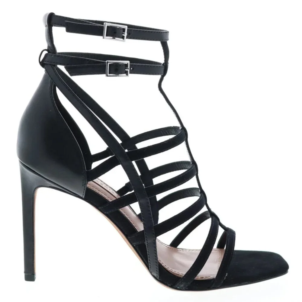 BCBGMaxazria Ilsa Dress Calf Kidsuede Women Black Strap Heels Shoes Size 9 / 39 - Picture 2 of 9